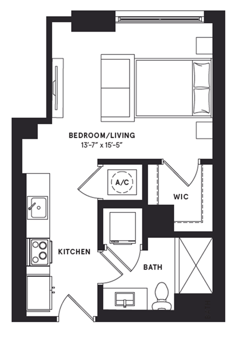 Floor plan for studio, 1 bath, 481 sqft